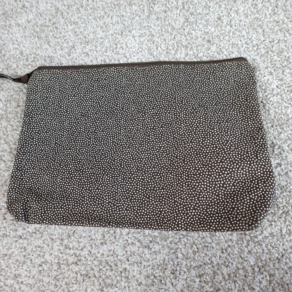 Thirty-One Gifts Brown White Micro Dot Zipper Pouch Cosmetic Bag Organizer Large